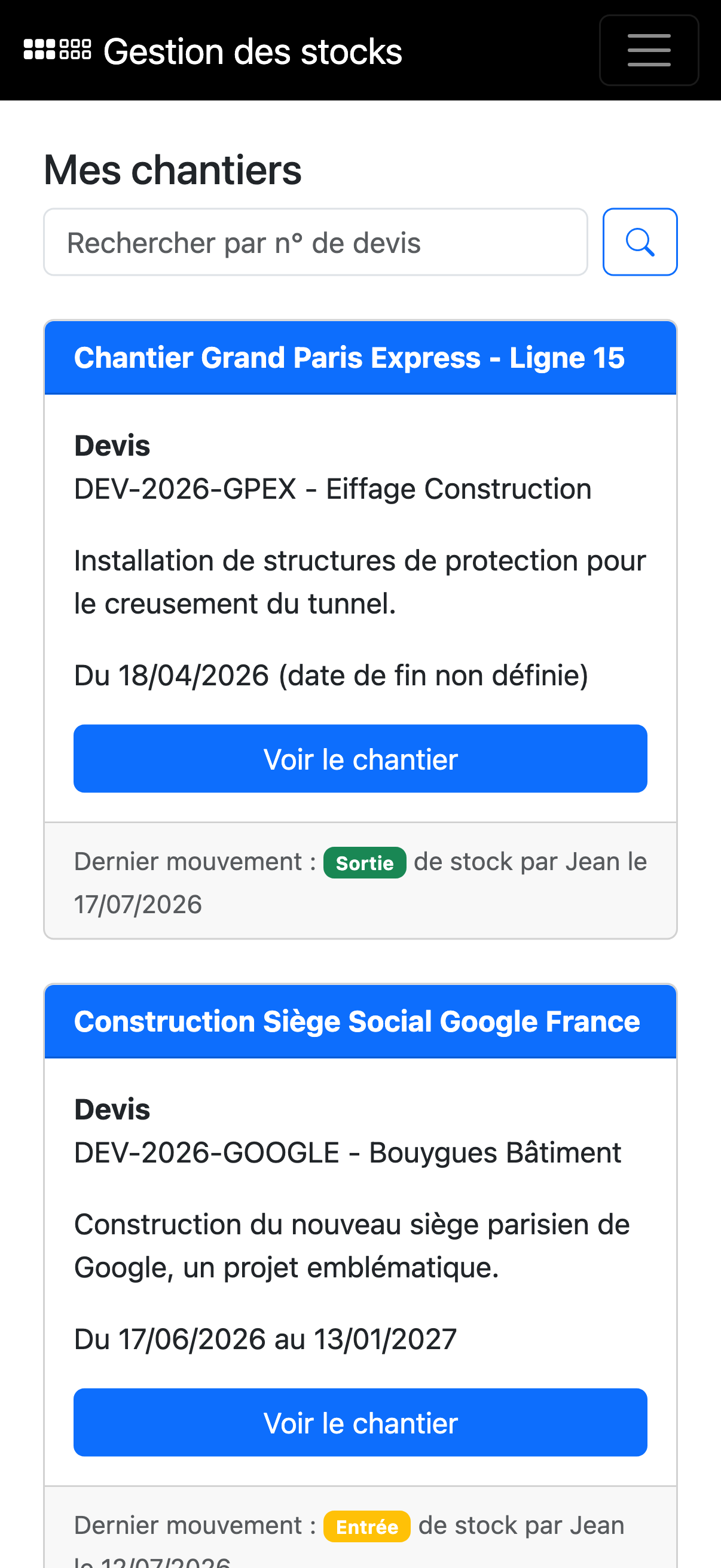 Gestion des chantiers sur mobile